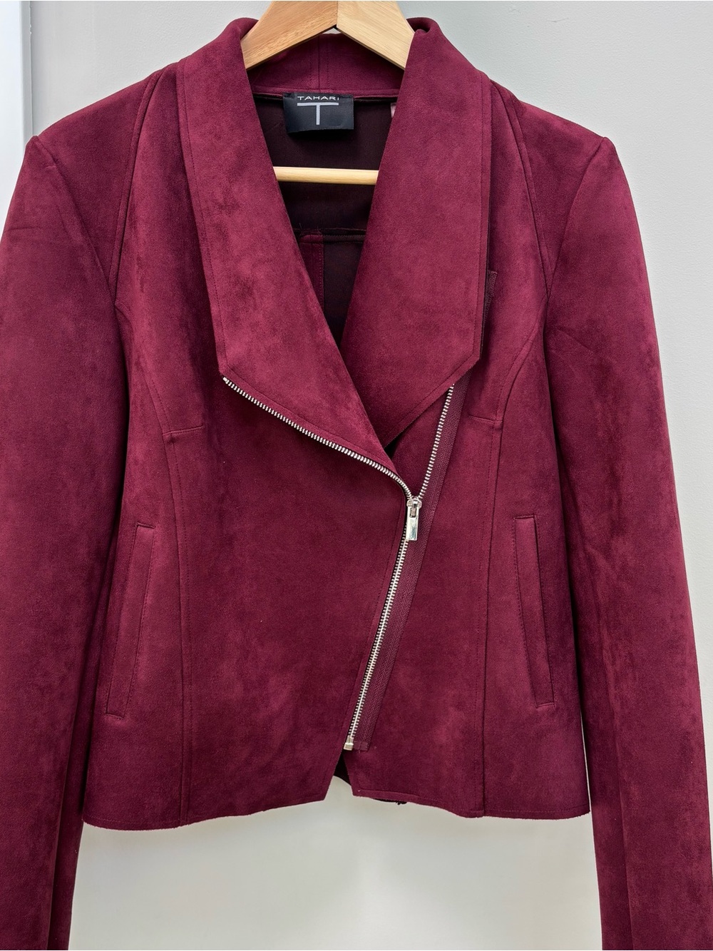 Tahari Burgundy Suede Asymmetrical Zip Moto Jacket